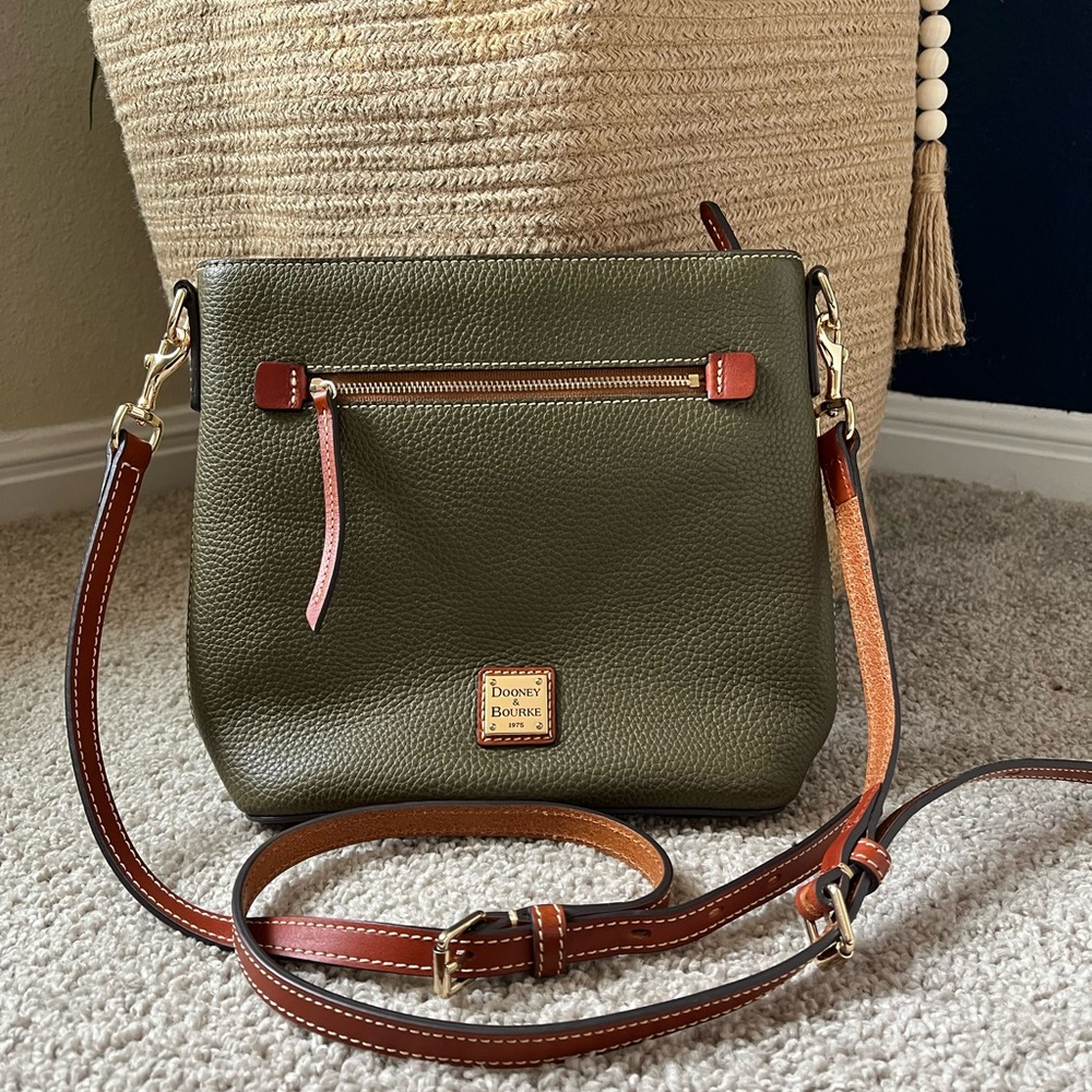 Dooney & Bourke Olive Pebble Leather Crossbody with Brown Trim